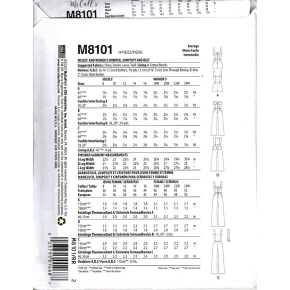 McCall's M8101 Womens 18W to 24W Jumpsuit and Rompers Uncut Sewing Pattern - Picture 2 of 2